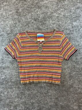 Unif Striped Crop Top V neck Zipper Short Sleeve D7